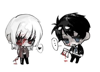 Rule 34 | ..., 2boys, :>, akinashi haru, axe, black hair, black pants, black suit, blood, blood from forehead, blood on axe, blood on clothes, blood on face, bloody knife, blue eyes, blue necktie, brown cardigan, brown necktie, cardigan, chibi, chibi only, chinese commentary, commentary request, exhausted, formal clothes, full body, heart, holding, holding axe, holding knife, knife, male focus, multiple boys, necktie, pants, red eyes, saihate eki, short hair, simple background, smile, spoken ellipsis, spoken heart, standing, suit, tatsunami shion, white background, white hair, xiaoquanjiuhe