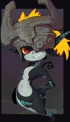 barefoot black_skin blonde_hair breasts colored_sclera colored_skin crown curvy eye_covering fang fang_out fangs feet glowing glowing_tattoo grey_skin hand_on_own_hip helmet highres long_hair looking_at_viewer midget midna multicolored_skin navel nintendo nude one_eye_covered plump pointy_ears ponytail red_eyes sharp_teeth shortstack simple_background small_breasts tattoo teeth the_legend_of_zelda the_legend_of_zelda:_twilight_princess thick_thighs thighs two-tone_skin very_long_hair wide_hips yellow_sclera