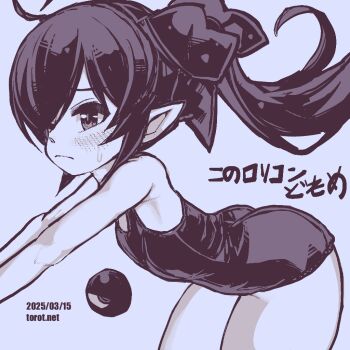 1girl armpit_crease ass backbeako_(torotei) backbeard blue_background blush breasts closed_mouth commentary dated dated_commentary gegege_no_kitarou hair_over_one_eye hair_ribbon kono_lolicon_domome leaning_forward light_frown loli long_hair looking_ahead monochrome one-piece_swimsuit one_eye_closed original paid_reward_available pear-shaped_figure pointy_ears ribbon school_swimsuit simple_background small_breasts solo sweatdrop swimsuit torotei translated twintails watermark web_address