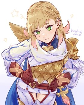 1girl armor blonde_hair braid commentary crown_braid fire_emblem fire_emblem_heroes green_eyes herdwicoco highres long_hair looking_at_viewer nintendo scale_armor sharena_(fire_emblem) smile solo thigh_gap