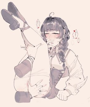 2girls absurdres ahoge bracelet braid clitoral_hood clothes_pull collared_shirt dove_(path_to_nowhere) fingering half-closed_eyes hand_on_another&#039;s_leg heart highres jewelry korichi_celeste legs_up long_sleeves monochrome multiple_girls multiple_rings open_mouth pantyhose pantyhose_pull path_to_nowhere pussy pussy_juice pussy_juice_on_fingers ring shirt skirt speech_bubble spoken_heart sweat twin_braids uncensored vautour_bleu_(path_to_nowhere) yuri