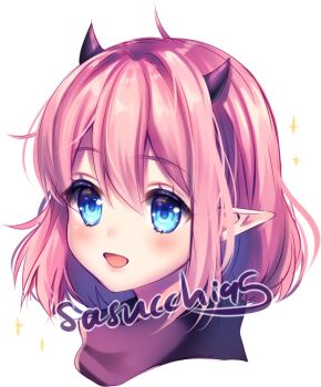 1girl :d ahoge artist_name black_horns blue_eyes blush commentary cropped_head demon_girl demon_horns double-parted_bangs hair_between_eyes horns looking_at_viewer open_mouth original pink_hair pointy_ears purple_scarf raised_eyebrows rina_(sasucchi95) sasucchi95 scarf short_hair sidelocks simple_background small_horns smile solo sparkle symbol-only_commentary tareme white_background