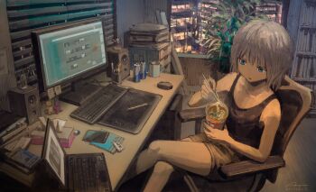 1girl 2017 apartment bare_arms bare_shoulders black_tank_top blue_eyes bookshelf brown_legwear building cable can cellphone chair chopsticks coffee_mug collarbone commentary computer computer_keyboard computer_mouse computer_tower crossed_legs cup instant_cup_noodles dated desk drawer drawing_tablet drink_can eating energy_drink eraser female_focus figure food highres holding holding_chopsticks holding_cup instant_cup_noodles instant_noodles laptop monitor mug no_nose noodles notebook office_chair open_mouth original pen_holder phone plant potted_plant ramen short_hair shorts signature sitting slice_of_life smartphone soda_can solo speaker steam sticky_note stylus swivel_chair tank_top tape tissue_box tokunaga_akimasa white_hair window window_blinds