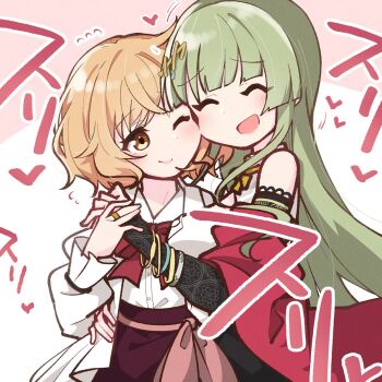 2girls :d ;) ^_^ arm_around_waist assault_lily bare_shoulders black_skirt blunt_bangs blush bow bowtie bracelet brown_eyes brown_hair cheek-to-cheek closed_eyes collared_shirt commentary crossed_bangs detached_sleeves flying_sweatdrops green_hair hair_ornament hairclip hand_on_another&#039;s_hip hand_up heads_together heart high-waist_skirt highres jewelry kuwata_io lab_coat long_hair long_sleeves looking_at_another morugen motion_lines multiple_girls neck_ribbon one_eye_closed open_mouth pink_background raised_eyebrows red_bow red_bowtie red_skirt ribbon ring rubbing shawl shinoda_mioko shirt shirt_tucked_in side-by-side sidelocks skirt sleeveless sleeveless_shirt smile standing translated two-tone_background upper_body very_long_hair white_background white_shirt yellow_ribbon yuri