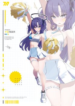 1girl :o absurdres alternate_costume arm_up barcode blue_archive blush breasts cleavage commentary full_body halo highres holding holding_pom_poms linea_alba long_hair looking_at_viewer medium_breasts midriff millennium_cheerleader_outfit_(blue_archive) miniskirt navel outline pleated_skirt pom_pom_(cheerleading) pom_poms purple_eyes purple_hair shoes skindentation skirt sneakers sports_bra star_(symbol) star_sticker sticker sticker_on_face sukoyaka_konbu sweat two-tone_sports_bra two_side_up very_long_hair white_outline white_shoes white_skirt yuuka_(blue_archive) zoom_layer