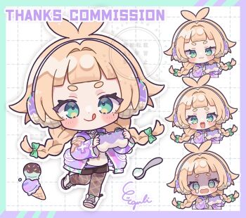 1girl :3 :d :q @_@ antenna_hair black_shorts blonde_hair blunt_bangs blush_stickers border borrowed_character bow braid brown_pantyhose chibi chibi_only closed_mouth commentary commission controller egissi food full_body game_controller green_border green_bow green_eyes hair_bow headphones holding holding_controller holding_game_controller ice_cream jacket long_hair long_sleeves looking_at_viewer open_clothes open_jacket open_mouth original outside_border pantyhose pantyhose_under_shorts purple_border purple_jacket shaded_face shirt shoes shorts signature skeb_commission smile spoon standing standing_on_one_leg teardrop thick_eyebrows tongue tongue_out twin_braids watermark white_background white_shirt white_shoes