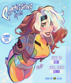 Rule 34 | 1girl, arms behind back, artist name, blush, bodysuit, breasts, brown hair, brown jacket, commentary, english commentary, green bodysuit, green eyes, grin, highres, jacket, large breasts, long hair, looking at viewer, marvel, mulemount, multicolored bodysuit, multicolored hair, rogue (x-men), smile, solo, two-tone bodysuit, two-tone hair, white hair, x-men, yellow bodysuit