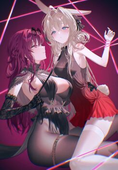 2girls ahoge animal_ears arm_around_waist arm_up armpit_crease armpits artist_self-insert bare_arms bare_shoulders black_collar black_gloves black_pantyhose blonde_hair blue_eyes blush breasts center_opening closed_mouth collar commission couple detached_collar dress earrings elbow_gloves eyewear_on_head frilled_dress frills from_side fymrie gloves hair_between_eyes hair_intakes hair_ornament hand_up highres holding holding_leash honkai:_star_rail honkai_(series) huge_ahoge huge_breasts jewelry kafka_(honkai:_star_rail) knee_up kneehighs kneeling korean_commentary leaning_forward leash light_smile long_hair looking_at_another looking_down looking_to_the_side looking_up m1z1xk multicolored_dress multiple_girls oc_x_canon original pantyhose parted_lips pink_lips purple_background purple_eyes purple_hair purple_ribbon rabbit_ears rabbit_girl rabbit_tail ribbon round_eyewear second-party_source shade short_dress sideboob simple_background sitting small_breasts socks sunglasses tail thighlet thighs white_socks yuri