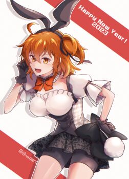 Rule 34 | 0nodera, 1girl, ahoge, animal ear hairband, animal ears, bike shorts, black gloves, bow, commentary request, fake animal ears, fate/grand order, fate (series), fujimaru ritsuka (female), fujimaru ritsuka (female) (love it), gloves, hairband, happy new year, looking at viewer, new year, one side up, orange bow, orange hair, puffy short sleeves, puffy sleeves, rabbit ear hairband, rabbit ears, short sleeves, solo, twitter username