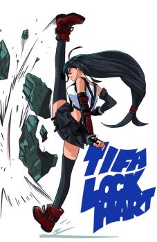 1girl bare_shoulders black_gloves black_hair black_skirt black_thighhighs boots bracelet breasts character_name commentary_request crop_top earrings elbow_gloves fighting_stance final_fantasy final_fantasy_vii final_fantasy_vii_remake fingerless_gloves from_side full_body g-bird glint gloves jewelry kicking large_breasts leg_up long_hair low-tied_long_hair motion_lines parted_lips profile red_boots red_eyes rock single_arm_guard single_earring skirt solo suspender_skirt suspenders tank_top thighhighs tifa_lockhart white_tank_top