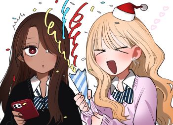 2girls black_cardigan blonde_hair blush breasts brown_hair cardigan collared_shirt commentary_request dark-skinned_female dark_skin gyaru_to_gyaru_no_yuri gyaru_v highres holding inoue_koharu long_hair looking_at_viewer multiple_girls open_mouth school_uniform shirt simple_background smile taooka_yua v watase_reina white_background yuri