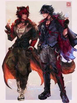 2boys animal_ears bandaged_arm bandaged_neck bandages black_bandages black_boots black_gloves black_hair boots choker closed_mouth coat commentary commission crossover cryokinesis dog_boy english_commentary finger_heart fingerless_gloves fire fiveonthe full_body fur-trimmed_coat fur_trim genshin_impact gloves green_pants heart highres jacket jewelry komano_manato looking_at_another looking_at_viewer male_focus multicolored_hair multiple_boys necklace open_clothes open_jacket pants pyrokinesis red_bandage red_eyes red_hair scar scar_on_arm scar_on_face scar_on_neck shirt short_hair spiked_jacket tail two-tone_hair white_shirt wriothesley_(genshin_impact) zenless_zone_zero