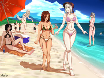 5boys 5girls ashen_one_(dark_souls) ass beach bearer_of_the_curse bikini black_bikini black_hair blindfold_mask bloodborne bonnet bottle breasts brown_hair carpet charleian chosen_undead cloud cloudy_sky commentary commission company_connection cooler covered_eyes crossover dark_souls_(series) dark_souls_i dark_souls_ii dark_souls_iii dated demon's_souls doll doll_joints dragon_girl dragon_tail emerald_herald english_commentary fire_keeper flower food green_bikini green_eyes grey_bikini grey_hair hair_over_eyes helmet heterochromia highres hunter_(bloodborne) ice_cream ice_cream_on_head joints long_hair maiden_in_black male_swimwear mask medium_breasts monster_girl mountain multicolored_bikini multiple_boys multiple_girls navel no_eyes one_eye_covered pink_bikini plain_doll pointy_ears priscilla_the_crossbreed purple_eyes red_flower red_umbrella seaside short_hair side-tie_bikini_bottom signature sky slayer_of_demons small_breasts smile striped_bikini striped_clothes swim_trunks swimming swimsuit tail umbrella water water_bottle white_bikini white_hair white_tail