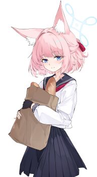 1girl absurdres animal_ear_fluff animal_ears bag baguette black_gloves black_sailor_collar black_shirt blue_archive blue_eyes blue_halo bread closed_mouth commentary cowboy fingerless_gloves food fox_ears fox_girl gloves halo highres holding holding_bag looking_at_viewer nammmmer neckerchief niko_(blue_archive) paper_bag pink_hair red_neckerchief sailor_collar school_uniform serafuku shirt short_hair simple_background smile solo western white_background white_serafuku