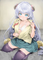Rule 34 | 1girl, beads, blue eyes, blue hair, bow, bowtie, bra, braid, breasts, collarbone, commentary request, green skirt, hair beads, hair ornament, ishikei, kneeling, lin mo niang, long hair, loose bowtie, ming zhan-lu, on bed, purple thighhighs, red bow, red bowtie, shirt, short sleeves, skindentation, skirt, small breasts, solo, sweat, thighhighs, underwear, undressing, very long hair, white bra, yellow shirt