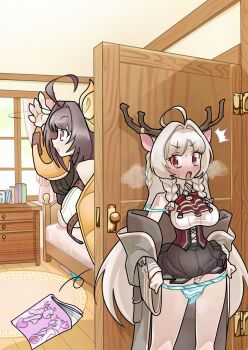 ahoge animal_ears antlers bedroom blush braid brown_hair chest_of_drawers clothes_lift commentary_request deer_antlers deer_ears deer_girl door grey_hair heavy_breathing hiding highres horns iroha_(princess_connect!) long_hair louise_marie manga_(object) melodic_death multiple_girls off_shoulder open_mouth panties pointy_ears pornography princess_connect! pussy_juice red_eyes shirt_lift skirt standing sweat underwear walk-in