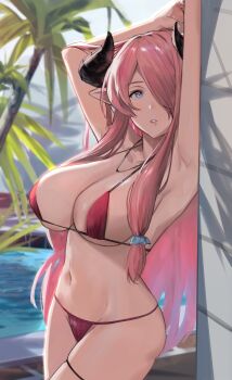 1girl arms_up bikini blue_eyes blurry blurry_background breasts butterfly_hair_ornament commentary draph english_commentary granblue_fantasy hair_ornament hair_over_one_eye highres horns j@ck large_breasts long_hair looking_at_viewer narmaya_(granblue_fantasy) navel outdoors paid_reward_available palm_tree parted_lips pointy_ears pool red_bikini solo swimsuit thigh_strap tree wet