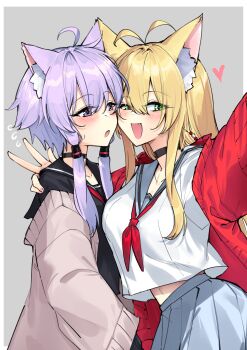 Rule 34 | 2girls, :d, absurdres, ahoge, animal ear fluff, animal ears, antenna hair, black choker, black sailor collar, black shirt, blonde hair, blush, border, breasts, choker, collarbone, commentary request, fang, flying sweatdrops, green eyes, grey background, grey sailor collar, grey skirt, hair between eyes, heart, highres, jacket, kemonomimi mode, long hair, medium breasts, multiple girls, navel, neckerchief, open clothes, open jacket, open mouth, parted lips, pleated skirt, purple eyes, purple hair, red jacket, red neckerchief, sailor collar, shirt, shirt overhang, simple background, skirt, smile, tsurumaki maki, v, very long hair, vocaloid, voiceroid, white border, white shirt, yuzuki yukari, zooanime