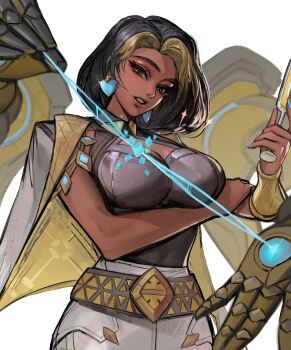 Rule 34 | 1girl, absurdres, black hair, blonde hair, bob cut, breasts, cleavage cutout, clothing cutout, dark-skinned female, dark skin, domina (overwatch), earrings, hashtag-only commentary, highres, jewelry, large breasts, looking at viewer, multicolored hair, overwatch, short hair, single bracer, skirt, solo, tnd4015, two-tone hair, white skirt