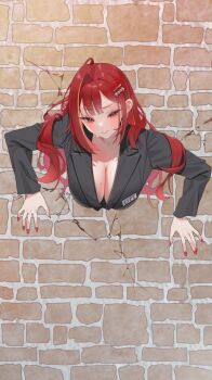 1girl agnamore akane_lize black_jacket blush breasts brick_wall character_name commentary_request fingernails grey_eyes hair_ornament hairclip hanging_breasts highres jacket korean_commentary large_breasts long_hair long_sleeves mole mole_on_breast multicolored_hair nail_polish name_tag no_bra parted_bangs red_hair red_nails solo stellive streaked_hair sweat through_wall v-shaped_eyebrows virtual_youtuber