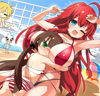 4girls :3 ahoge anger_vein ass ball beach beachball between_breasts bikini blonde_hair blue_eyes blush breast_envy breast_smother breasts brown_hair cat_hair_ornament closed_eyes closed_mouth cloud commentary_request cowboy_shot day dutch_angle face_between_breasts face_to_breasts frown green_eyes hair_between_eyes hair_ornament head_between_breasts high_school_dxd highres hikasa_youko hug huge_breasts lets0020 long_hair looking_at_another messy_hair multiple_girls ocean one_eye_closed open_mouth outdoors red_bikini rias_gremory ryoubi_(senran_kagura) ryouna_(senran_kagura) senran_kagura striped_bikini striped_clothes swimsuit toujou_koneko v-shaped_eyebrows very_long_hair voice_actor_connection volleyball_net white_bikini white_hair yuri