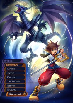 1boy artist_name bahamut_(final_fantasy) blue_eyes brown_hair crossover dragon final_fantasy full_body highres holding holding_weapon hollypolllyy keyblade kingdom_hearts kingdom_hearts_i kingdom_key male_focus nomura_tetsuya_(style) pointy_hair shoes sora_(kingdom_hearts) spiked_hair summoning user_interface watermark weapon yellow_shoes