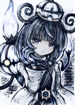 1girl belt belt_buckle black_dress black_eyes black_hair blue_gloves blunt_bangs bob_cut brick_wall buckle chandelure closed_mouth coat dress gen_5_pokemon gloves gwynn_(pokemon) hat highres long_sleeves looking_at_viewer nintendo o-ring o-ring_belt open_clothes open_coat pokemon pokemon_(creature) pokemon_legends:_z-a short_hair tsukihi_shida upper_body white_coat