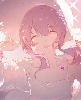 atsuko_(blue_archive) atsuko_(swimsuit)_(blue_archive) bilibalakonglijiwa blue_archive chinese_commentary closed_eyes collarbone commentary_request gem halo hat jewelry off_shoulder open_mouth pendant purple_gem purple_hair purple_halo see-through_clothes see-through_shirt shirt sidelocks smile sun_hat sunlight tank_top upper_body white_hat white_shirt white_tank_top