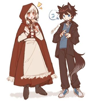 2boys akinashi_haru animal_collar animal_ears apron black_boots black_hair black_hoodie black_pants blue_eyes blue_shirt blue_shoes boots cape chain collar commentary cosplay crossdressing crossdressing_(mtf) dress english_commentary frilled_apron frills full_body hood hood_down hood_up hooded_cape hoodie little_red_riding_hood_(fairy_tale_character) little_red_riding_hood_(fairy_tale_character)_(cosplay) male_focus multiple_boys open_clothes open_hoodie pants red_cape red_dress red_eyes saihate_eki shirt shoes simple_background sneakers squ15 standing tail tatsunami_shion trap waist_apron white_apron white_background white_hair white_shirt wolf_boy wolf_ears wolf_tail