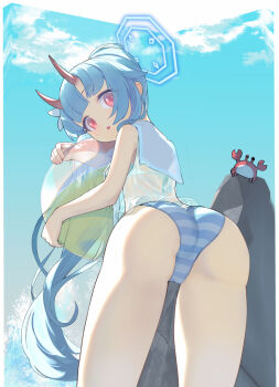 1girl ass ball beachball bikini blue_archive blue_bikini blue_hair blue_halo chise_(blue_archive) chise_(swimsuit)_(blue_archive) crab day flower from_behind hair_flower hair_ornament halo holding holding_ball holding_beachball horns leaning_forward long_hair looking_at_viewer looking_back official_alternate_costume open_mouth outdoors ponytail red_eyes red_horns rock sailor_bikini sailor_collar see-through_clothes sky solo striped_bikini striped_clothes swimsuit tian_sheng very_long_hair white_sailor_collar