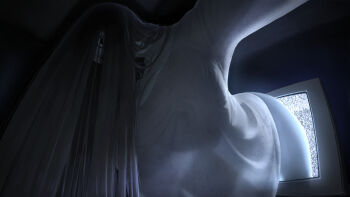 1girl black_eyes black_hair bottomless breasts collarbone covered_erect_nipples dress from_below hair_over_mouth highres large_breasts long_hair looking_at_viewer monochrome static television the_ring wass_nonnam white_dress yamamura_sadako