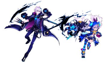 +_+ 1boy 1girl absurdres asymmetrical_legwear belt belt_buckle between_fingers black_belt black_boots black_coat black_gloves black_pants black_shirt black_shoes black_socks black_thighhighs blue_eyes blue_hair blue_horns blue_jacket blue_shorts blue_socks blue_tail blue_thighhighs blue_vest boots bow bowtie buckle buttons ciel_(elsword) claws coat coat_on_shoulders collared_jacket crazy darkness demon_girl demon_horns demon_tail determined dual_wielding elsword fighting_stance fingerless_gloves floating_clothes floating_hair frown full_body game_cg gloves hair_between_eyes hair_ornament hair_through_hood hairclip high_collar highres holding holding_knife holding_sword holding_weapon hood hooded_jacket horns horns_through_headwear hwansang jacket knife knives_between_fingers leg_up long_hair long_sleeves luciela_r._sourcream magic midriff multicolored_hair multiple_belts navel official_art over-kneehighs pants petite pointy_ears purple_coat second-party_source shaded_face shirt shoes short_hair short_shorts shorts single_over-kneehigh single_thighhigh sleeves_rolled_up smile smirk socks sparkling_eyes spiked_boots standing streaked_hair striped_clothes striped_socks striped_thighhighs studded_belt studded_gloves swept_bangs sword tachi-e tail thighhighs transparent_background two-sided_coat two-sided_fabric two-tone_socks two-tone_thighhighs very_long_hair vest weapon white_hair wrist_belt yellow_bow yellow_bowtie zipper zipper_pull_tab