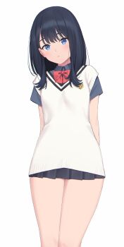 1girl arms_behind_back black_hair black_skirt blue_eyes blue_shirt blunt_bangs blush bow bowtie collared_shirt cowboy_shot expressionless gridman_universe head_tilt highres looking_at_viewer mikazuchi_zeus shirt sidelocks skirt solo ssss.gridman takarada_rikka vest white_vest