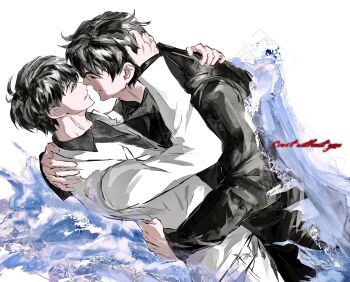 2boys 8d2suga9 black_coat black_eyes black_hair black_shirt coat collared_shirt cowboy_shot cursive english_text hand_on_another&#039;s_back hand_on_another&#039;s_head hand_on_another&#039;s_shoulder highres hug imminent_kiss kim_dokja male_focus multiple_boys omniscient_reader&#039;s_viewpoint open_clothes open_coat shirt short_hair white_coat yaoi yoo_joonghyuk