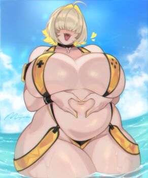 Rule 34 | 1girl, ahoge, artist name, artist request, beach, belly, black choker, blonde hair, breasts, choker, cleavage, covered eyes, elegg (nikke), fangs, goddess of victory: nikke, hair intakes, hair over eyes, hand on own stomach, heart, heart hands, heart hands over stomach, huge breasts, in water, long bangs, navel, ocean, open mouth, outdoors, pendant choker, plump, short hair, sky, slingshot swimsuit, smile, solo, standing, swimsuit, thick thighs, thighs, tongue, undivain (myra), wet, wide hips, wristband, yellow nails, yellow slingshot swimsuit