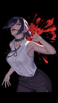 1girl absurdres armpits black_choker black_ribbon black_shorts blood blood_spray breasts chainsaw_man choker collared_shirt flower green_eyes hair_bun highres large_breasts looking_at_viewer neck_ribbon purple_hair red_flower reze_(chainsaw_man) ribbon shirt shorts sleeveless sleeveless_shirt solo yohachiri