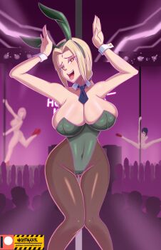 3girls animal_ears arms_up artist_name bare_shoulders blonde_hair blue_necktie boruto:_naruto_next_generations breasts brown_eyes cameltoe cleavage collar collarbone covered_navel detached_collar fake_animal_ears feet_out_of_frame green_leotard haruno_sakura heart heart-shaped_pupils huge_breasts knees_together_feet_apart leotard long_hair looking_at_viewer low_ponytail multiple_girls naruto_(series) naughty_face necktie nightmare_hdraw open_mouth playboy_bunny pole_dancing ponytail rabbit_ears rabbit_pose smile solo_focus standing strapless strapless_leotard symbol-shaped_pupils teeth tongue tsunade_(naruto) uchiha_sarada upper_teeth_only white_collar wrist_cuffs
