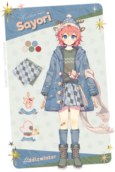 1girl animal_ears antlers argyle_clothes argyle_skirt bag_charm bandaid bandaid_on_knee bandaid_on_leg beanie bell blue_coat blue_eyes blue_hat blue_skirt blue_socks boots bow character_name charm_(object) coat color_guide commentary deer_antlers deer_ears doki_doki_literature_club english_commentary fake_animal_ears green_boots green_sweater hashtag hat hat_bow highres horns long_sleeves mittens pink_hair satchely sayori_(doki_doki_literature_club) scarf short_hair skirt socks solo sweater white_bag white_bow white_mittens white_scarf winter_clothes