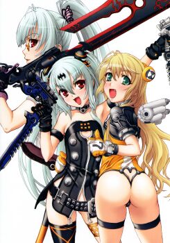 3girls absurdres albino alice_(queen&#039;s_gate) armband ass belt belt_skirt black_gloves black_legwear blonde_hair dorothy_(queen&#039;s_gate) fang glasses gloves green_eyes gun handgun highres lewis_(queen&#039;s_gate) long_hair mauser_c96 multiple_girls nishii_(damnedrive) official_art ponytail queen&#039;s_blade queen&#039;s_gate red_eyes studded_belt thighhighs weapon white_hair