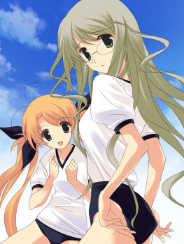 2girls :3 adjusting_buruma adjusting_clothes antenna_hair ass blonde_hair blue_buruma blue_sky blush breasts buruma buruma_pull chaos;head clenched_hands clothes_pull cloud cloudy_sky ears_visible_through_hair from_side glasses green_eyes gym_shirt gym_shorts gym_uniform hair_ornament hairpin highres kusunoki_yua long_hair looking_at_viewer looking_back medium_breasts multiple_girls official_art open_mouth orihara_kozue parted_bangs pink_eyes round_eyewear sasaki_mutsumi scan science_adventure shirt shirt_tucked_in short_sleeves shorts sky small_breasts smile thighs tongue twintails v-neck white_shirt