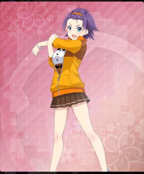 Rule 34 | 1girl, :d, bangs pinned back, bare legs, black bow, black bowtie, blue eyes, bow, bowtie, breasts, brown skirt, cross-body stretch, dot nose, feet out of frame, floral background, forehead, game cg, hairband, jacket, large breasts, legs apart, looking at viewer, maruyama akane (toji no miko), official art, open mouth, orange hairband, orange jacket, osafune girls academy school uniform, partially unzipped, pink background, purple hair, school uniform, shirt, short hair, skirt, smile, solo, spiked hair, third-party source, toji no miko, toji no miko: kizamishi issen no tomoshibi, track jacket, underbust, v-shaped eyebrows, white shirt