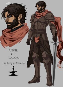 1boy anvil_(shadow_slave) armor beard belt black_hair boots breastplate brown_eyes brown_gloves cape character_name clenched_hand commentary english_commentary facial_hair full_body gloves highres holding holding_sword holding_weapon male_focus multiple_views planted planted_sword planted_weapon red_cape red_scarf scarf serious sh1fted_1 shadow_slave short_hair shoulder_armor standing sword weapon