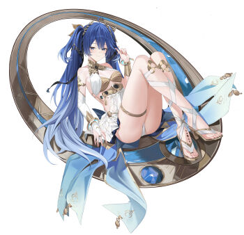1girl absurdres ahoge armlet bare_shoulders blue_eyes blue_hair breasts bridal_gauntlets cleavage closed_mouth commentary_request full_body gladiator_sandals gold_bra gradient_hair highres iuno_(wuthering_waves) jewelry kuyoumi laurel_crown long_hair looking_at_viewer medium_breasts multicolored_hair sandals single_bridal_gauntlet smile solo tacet_mark_(wuthering_waves) thighlet thighs twintails vambraces very_long_hair white_bridal_gauntlets wuthering_waves