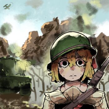 Rule 34 | 1girl, 7-mirano, aircraft, airplane, black vest, blonde hair, combat helmet, gun, helmet, highres, machine gun, military vehicle, motor vehicle, ptsd, ribbon, rumia, short hair, tank, thousand yard stare, touhou, tree, vest, weapon