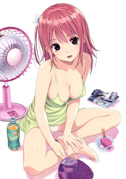 1girl absurdres bare_legs barefoot breasts camisole cleavage covered_erect_nipples electric_fan feet female_focus fingernails food full_body hand_fan hands_on_feet head_tilt highres ice_cream indian_style koutaro looking_at_viewer medium_breasts medium_hair no_bra one_side_up original panties paper_fan pink_hair purple_eyes scan simple_background sitting smile solo toenails toes uchiwa underwear white_background white_panties