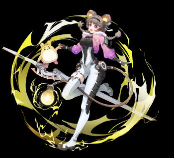1girl :d absurdres black_background black_gloves black_hairband bodysuit boots braid breasts brown_hair chinese_commentary commentary cropped_jacket electricity fingerless_gloves full_body fur-trimmed_jacket fur_trim gloves greatsword hair_between_eyes hairband hamster highres jacket light_bulb long_sleeves looking_at_viewer low_twin_braids lumi_(wuthering_waves) mechanical_tail medium_breasts ness_(gyjn8442) open_clothes open_jacket open_mouth pink_jacket sidelocks simple_background single_leg_bodysuit single_thigh_boot skindentation smile standing standing_on_one_leg sword tacet_mark_(wuthering_waves) tachi-e tail teeth thick_eyebrows thigh_boots twin_braids upper_teeth_only weapon white_bodysuit white_boots wuthering_waves