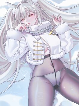 1girl black_pantyhose blanc_(fortune_express)_(nikke) blanc_(nikke) breasts coat commentary covered_navel goddess_of_victory:_nikke highres huazhimaru0 large_breasts long_hair lying official_alternate_costume official_alternate_hairstyle on_back panties panties_under_pantyhose pantyhose snow solo symbol-only_commentary twintails underwear very_long_hair white_coat white_hair white_panties winter_clothes winter_coat yellow_eyes