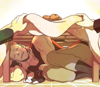 bad_id bad_pixiv_id dog drooling fetal_position food fruit grey_hair iggy_(jojo) jean_pierre_polnareff jojo_no_kimyou_na_bouken lifting_covers mi-jojo-sa no_eyebrows orange_(fruit) sleeping tablecloth under_table