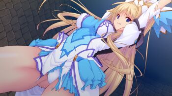 1girl arms_up blonde_hair blue_dress blue_eyes breasts brick_wall clenched_teeth cowboy_shot dress dutch_angle erika_la_etienne game_cg gluteal_fold hair_intakes high_ponytail impossible_clothes kourin_tenshi_en_ciel_rena large_breasts large_variant_set long_hair long_sleeves looking_at_viewer magical_girl non-web_source official_art panties pantyshot ponytail puffy_sleeves restrained saitou_natsuki short_dress skirt solo standing suhamaya teeth thighs torn_clothes torn_dress underwear variant_set very_long_hair white_panties