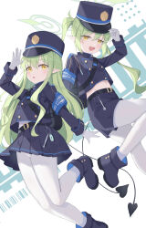 Rule 34 | 2girls, belt, black belt, black footwear, black hat, black jacket, black shorts, black skirt, black tail, blue archive, blush, boots, buttons, demon tail, double-breasted, earrings, fang, gloves, green hair, green halo, halo, hat, highres, hikari (blue archive), jacket, jewelry, long hair, long sleeves, looking at viewer, multiple girls, nozomi (blue archive), open mouth, pantyhose, peaked cap, pleated skirt, pointy ears, revision, serika, shorts, siblings, sidelocks, single earring, sisters, skin fang, skirt, smile, tail, twins, twintails, white gloves, white pantyhose, yellow eyes